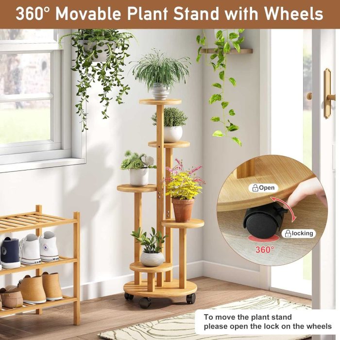 5-Tier Bamboo Plant Stand with Removable Wheels-3